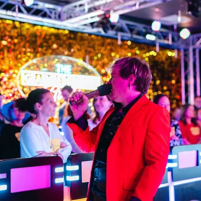 close-up view of game show host